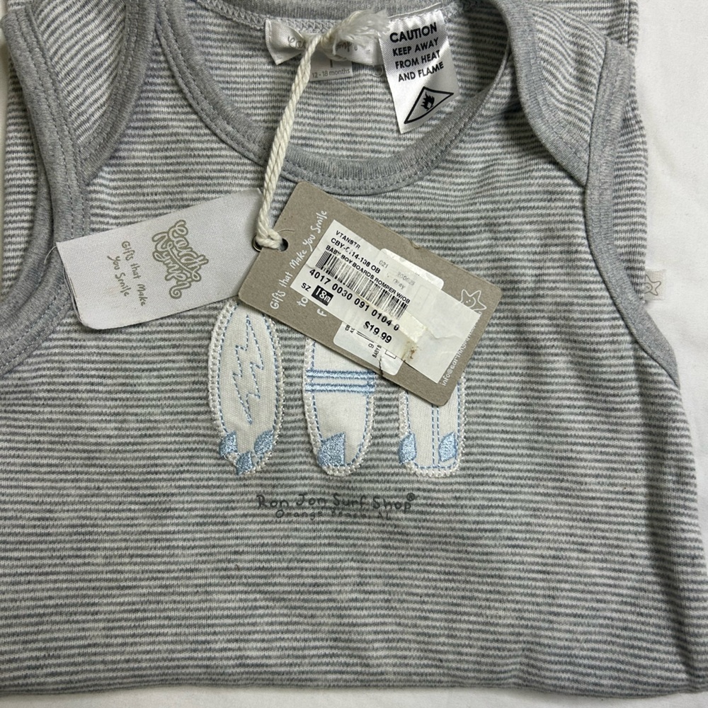 Earth Nymph Ron Jon Surf Shop Orange Beach AL Gray and White Striped Baby Romper - Picture 4 of 6